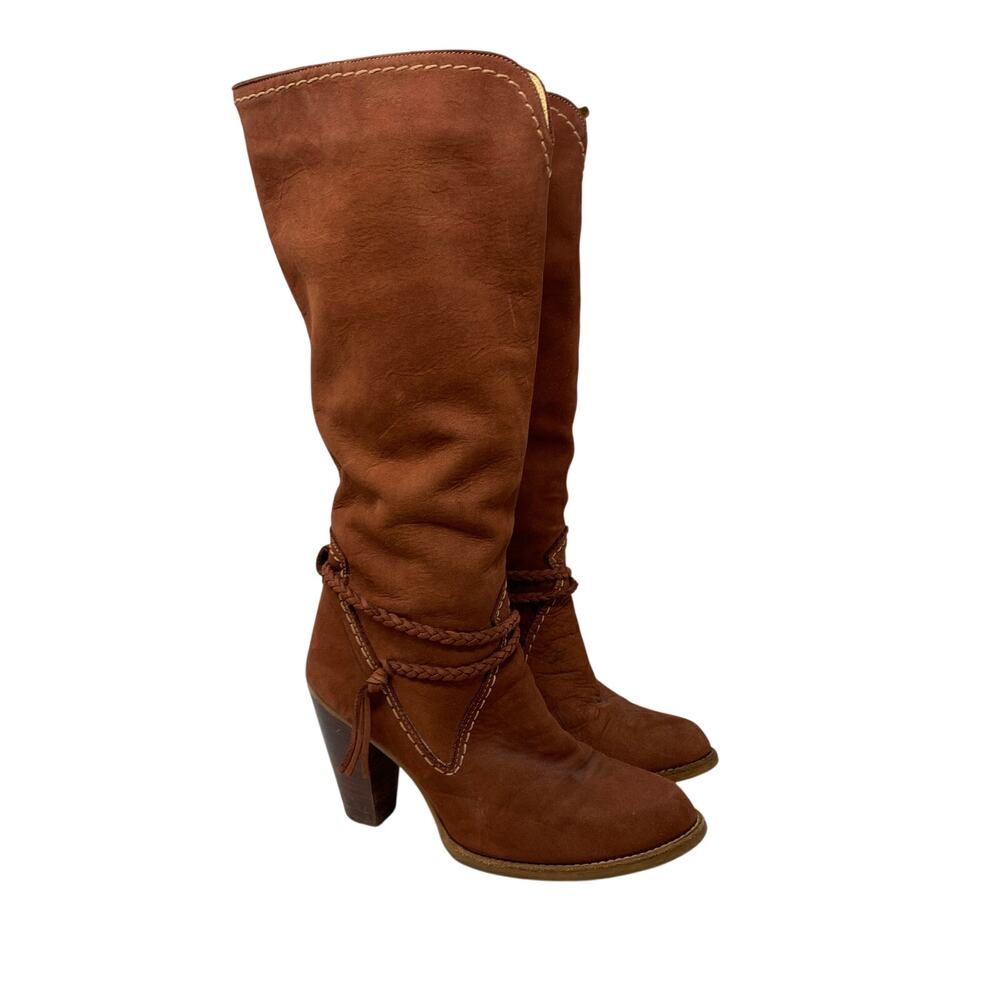 Vintage Zodiac Womens 8 Narrow Suede Tall Western Boots Boho Braided USA Rust
